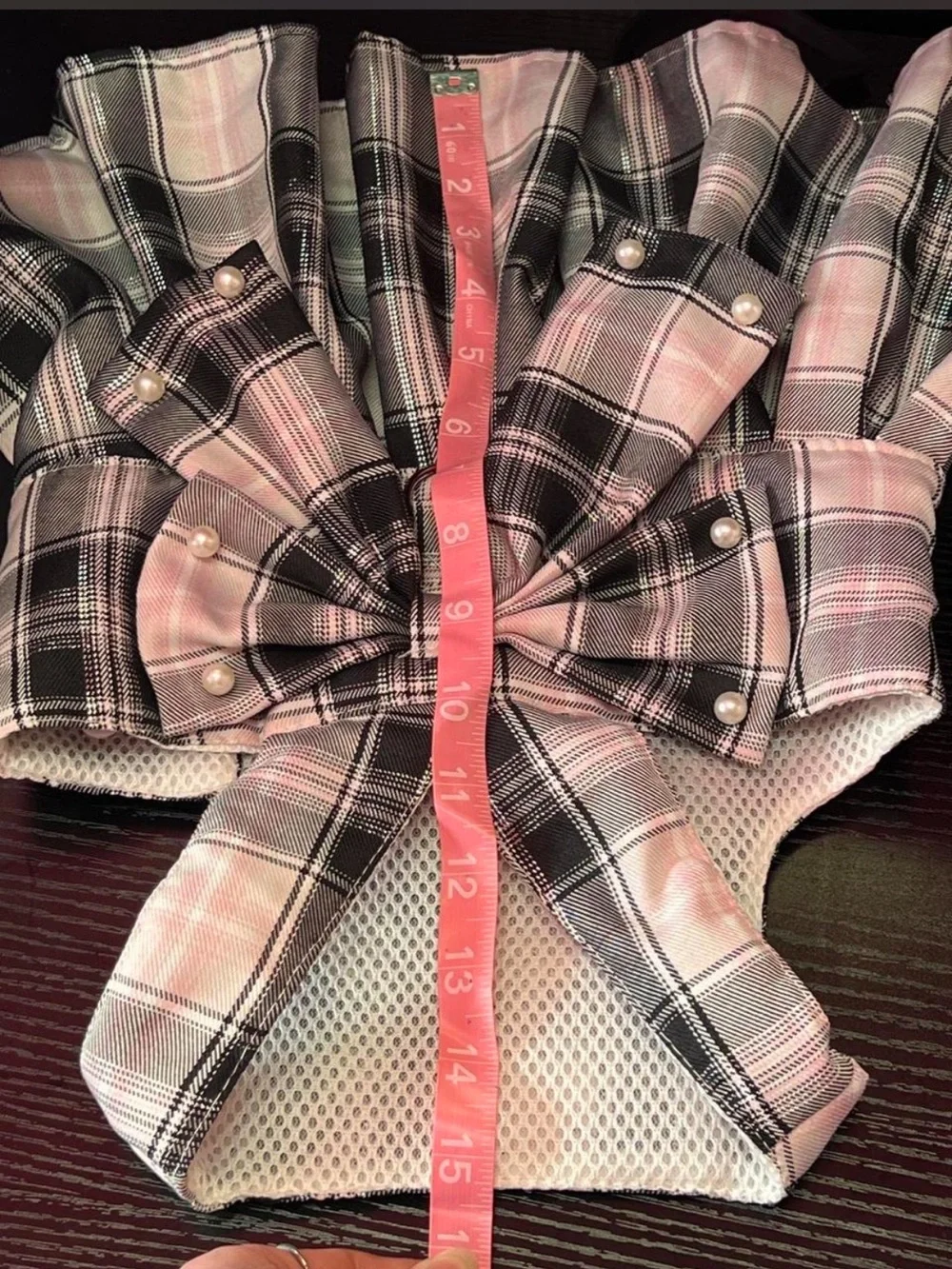 Pink & Black Plaid Pet Harness Dress with Pearl Accents & Matching Leash / Bow
